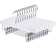NEW WHITE WOOD HANGERS WITH METAL PINCH CLIPS
